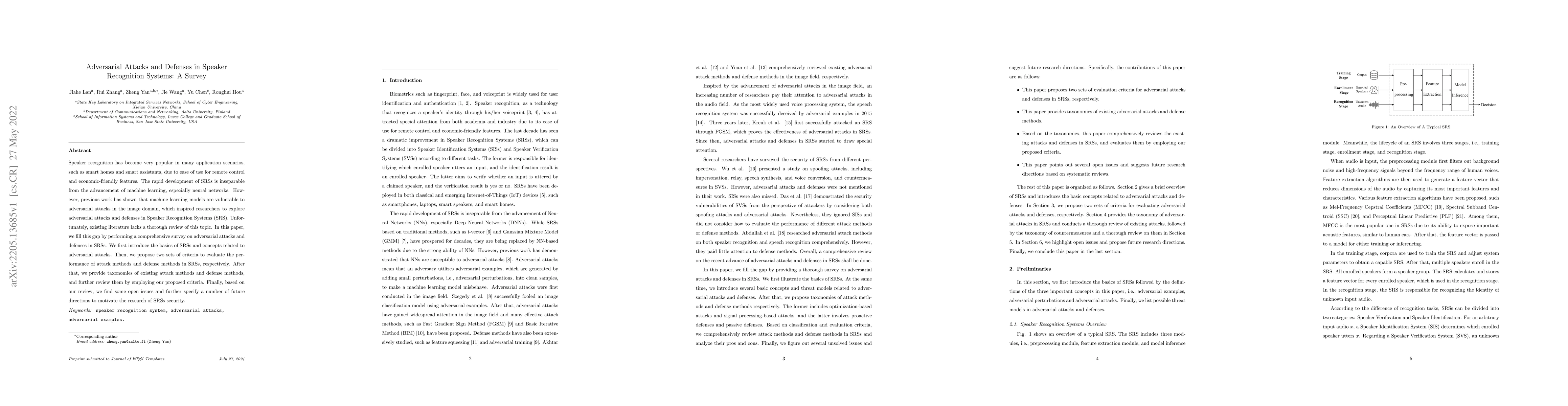 Thumbnail for Adversarial attacks and defenses in Speaker Recognition Systems: A
  survey