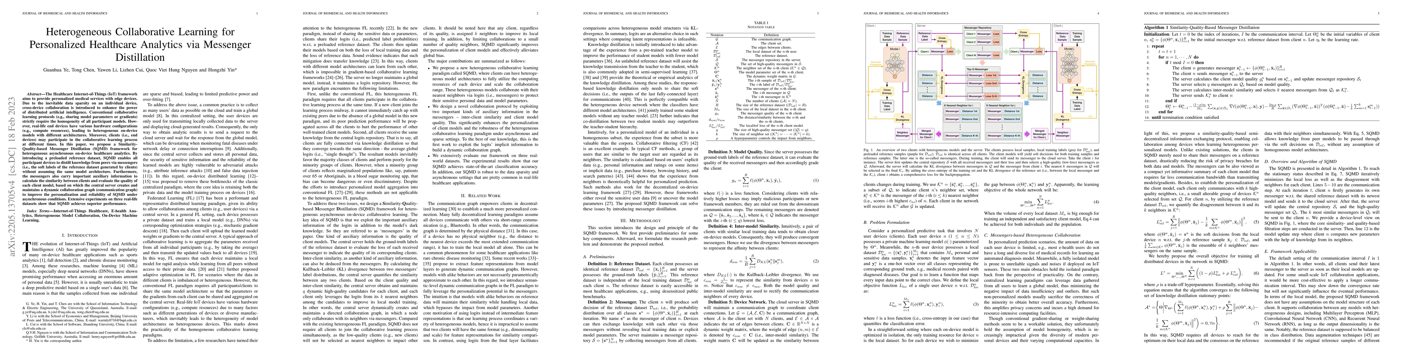 Thumbnail for Heterogeneous Collaborative Learning for Personalized Healthcare
  Analytics via Messenger Distillation