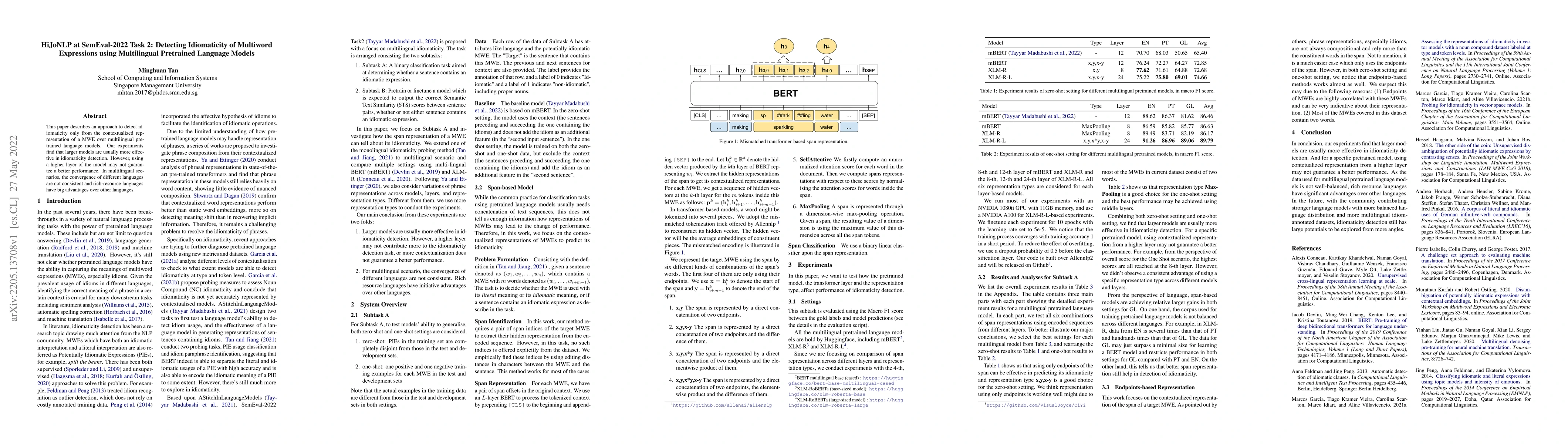 Thumbnail for HiJoNLP at SemEval-2022 Task 2: Detecting Idiomaticity of Multiword
  Expressions using Multilingual Pretrained Language Models