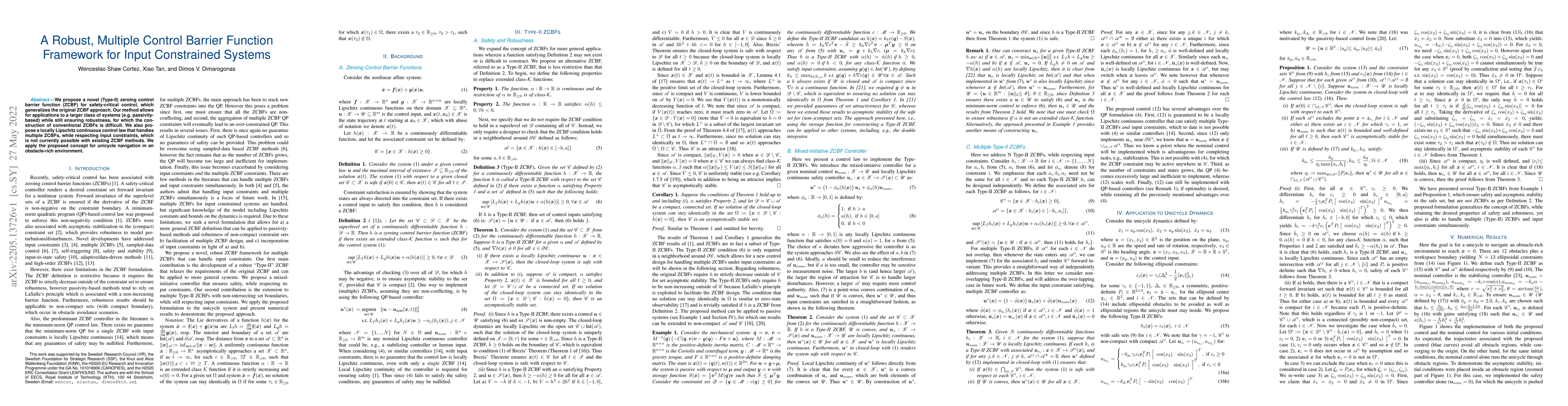 Thumbnail for A Robust, Multiple Control Barrier Function Framework for Input
  Constrained Systems