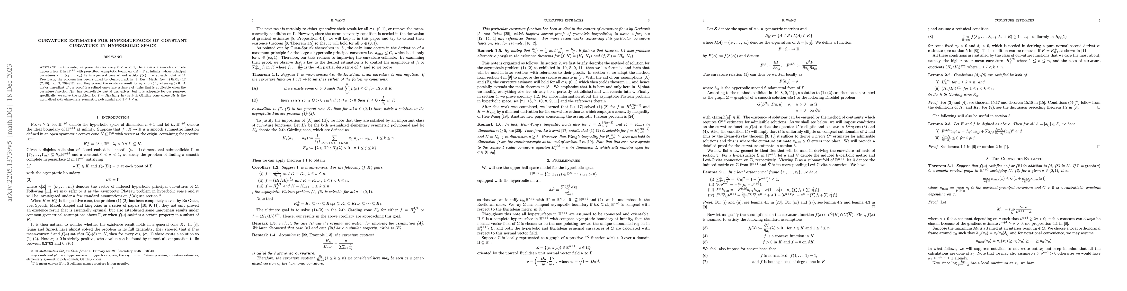 Thumbnail for Curvature estimates for hypersurfaces of constant curvature in
  hyperbolic space