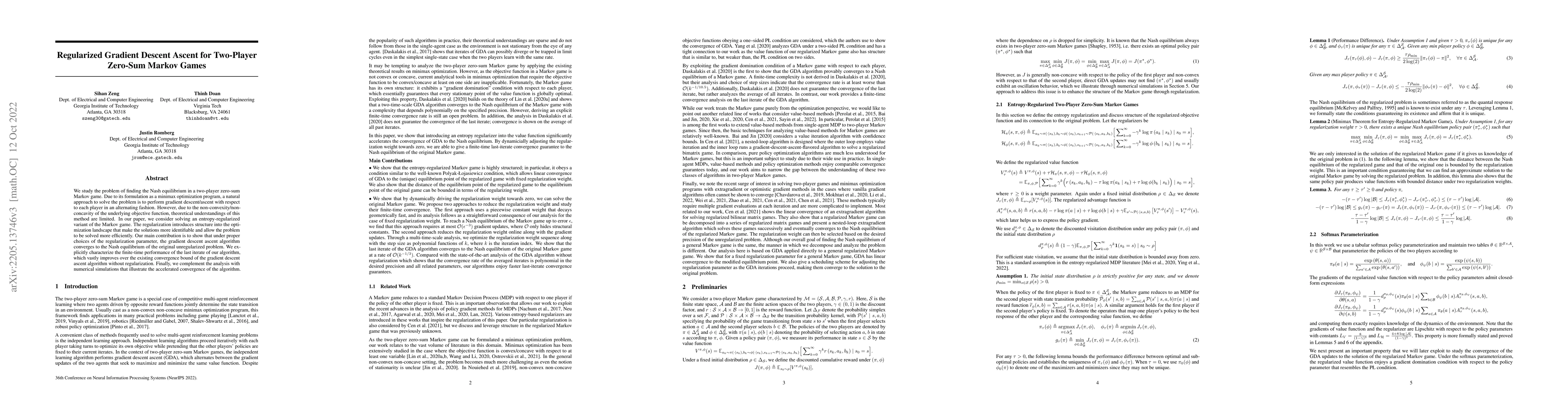 Thumbnail for Regularized Gradient Descent Ascent for Two-Player Zero-Sum Markov Games