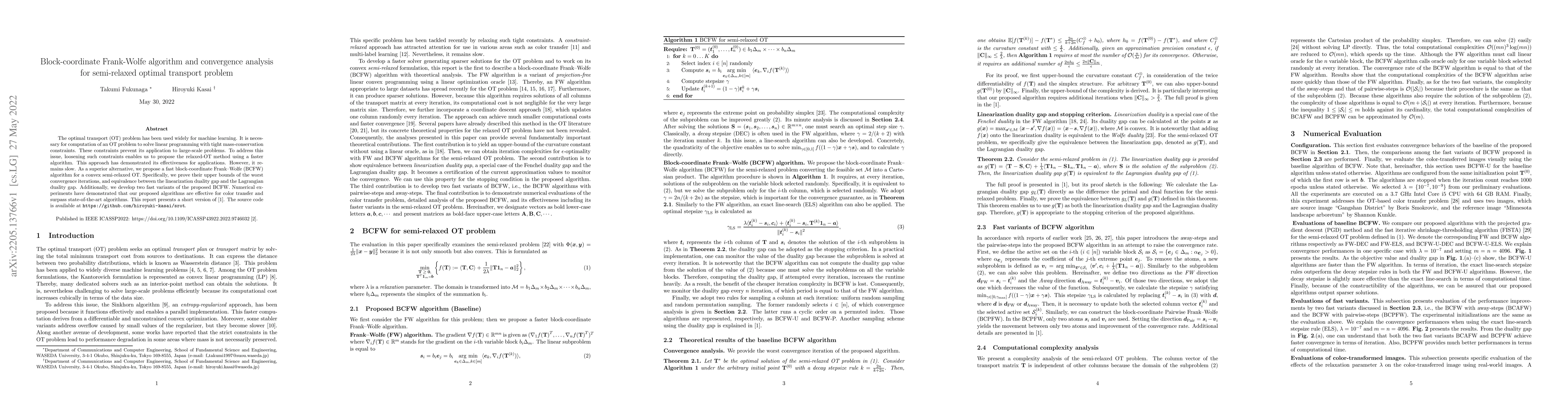 Thumbnail for Block-coordinate Frank-Wolfe algorithm and convergence analysis for
  semi-relaxed optimal transport problem