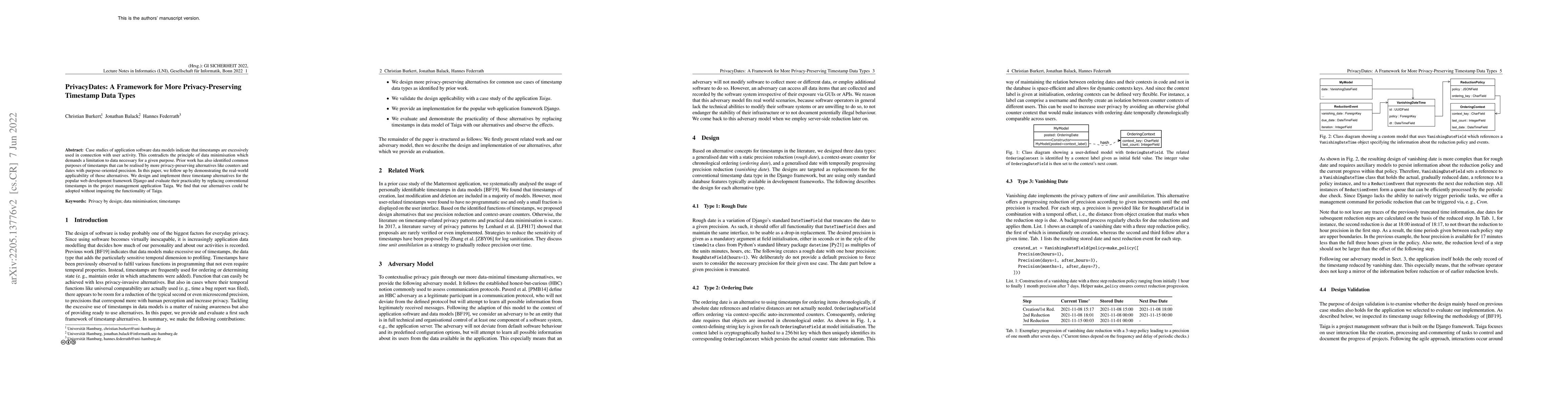 Thumbnail for PrivacyDates: A Framework for More Privacy-Preserving Timestamp Data
  Types