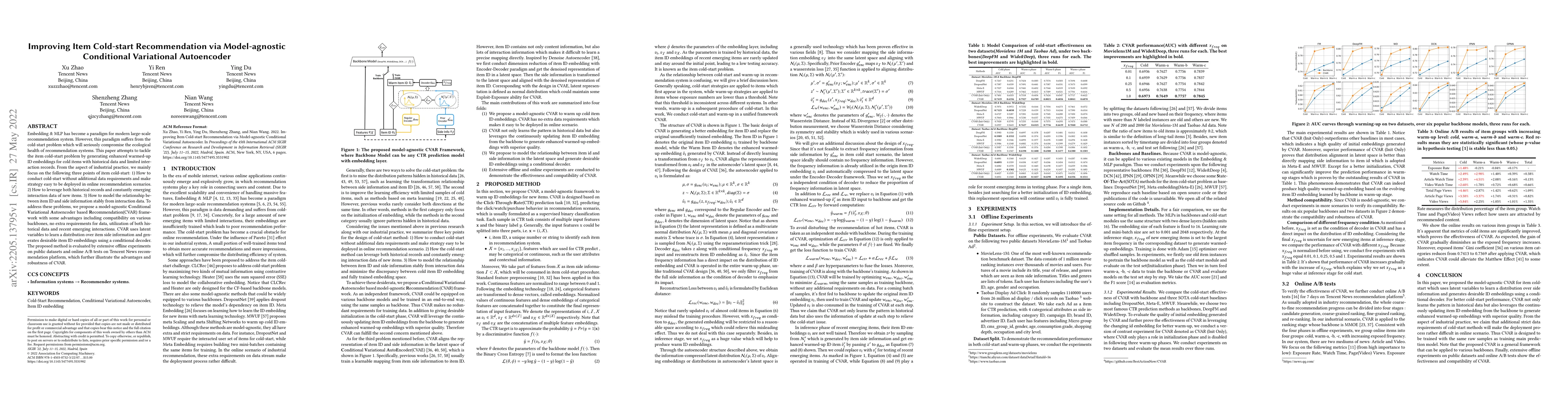 Thumbnail for Improving Item Cold-start Recommendation via Model-agnostic Conditional
  Variational Autoencoder