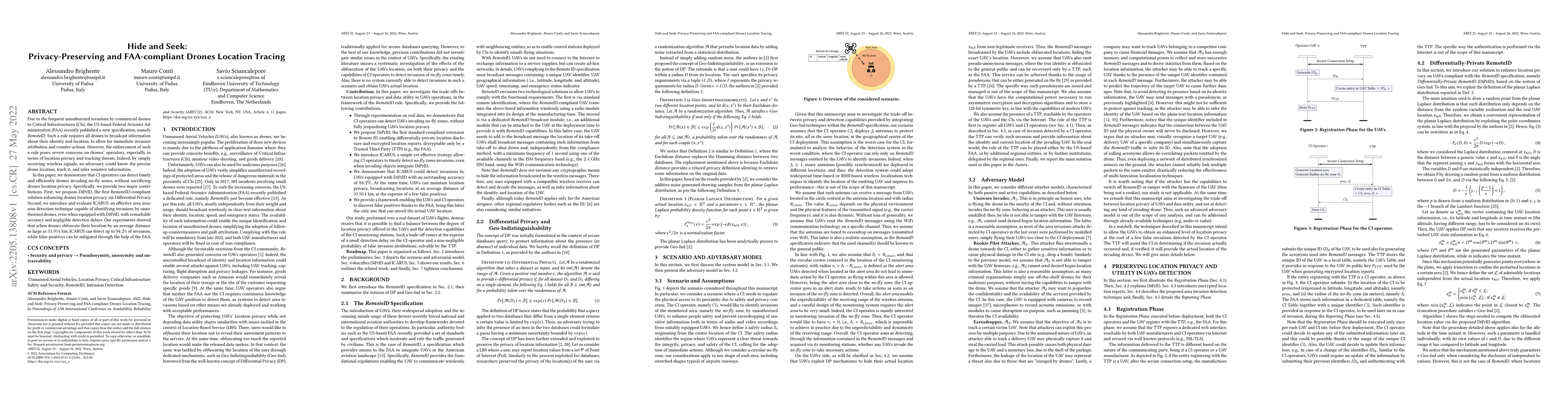 Thumbnail for Hide and Seek -- Preserving Location Privacy and Utility in the Remote
  Identification of Unmanned Aerial Vehicles
