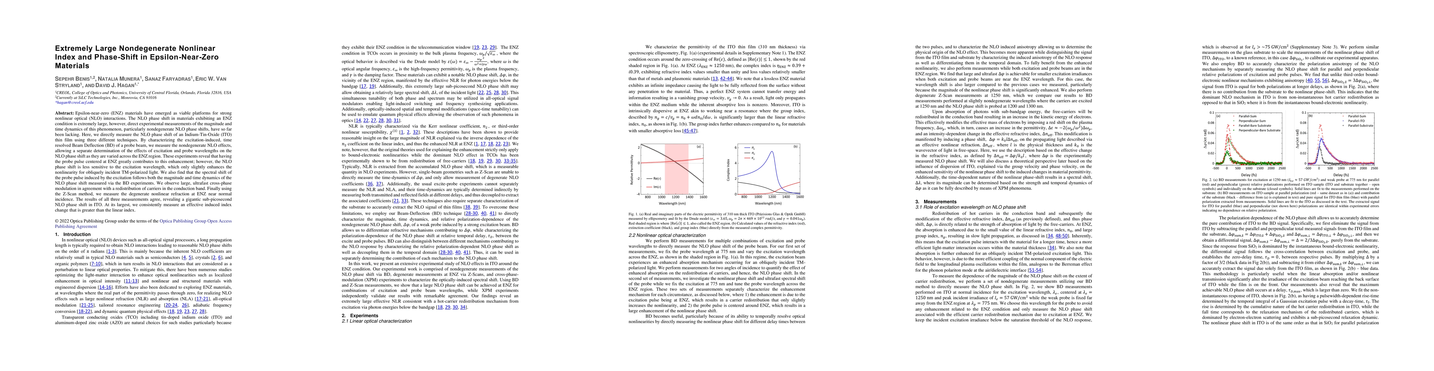 Thumbnail for Extremely Large Nondegenerate Nonlinear Index and Phase Shift in
  Epsilon-Near-Zero Materials