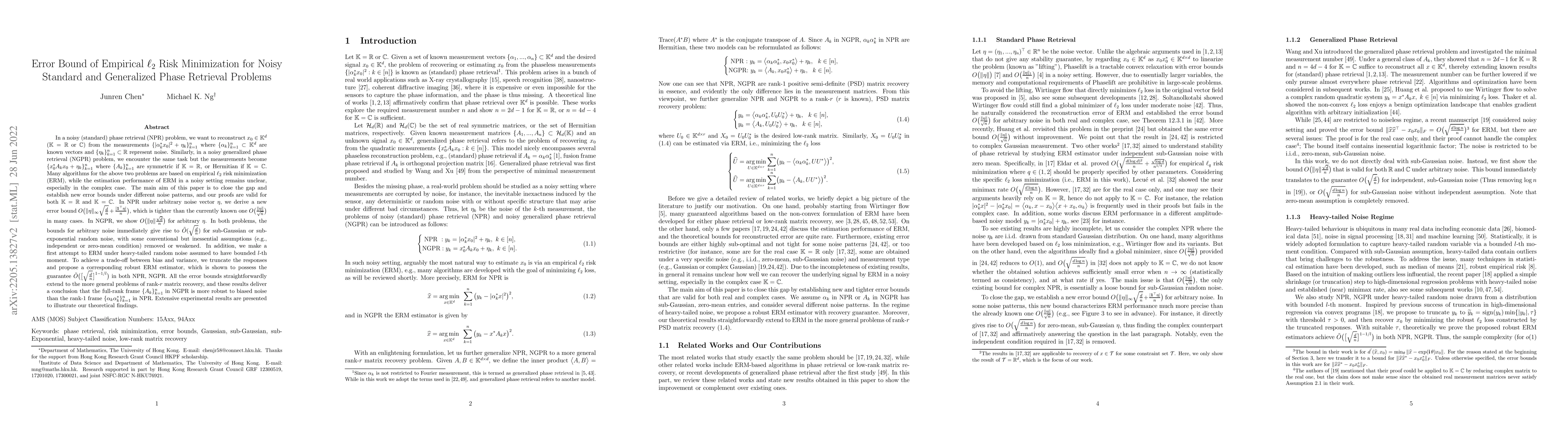 Thumbnail for Error Bound of Empirical $\ell_2$ Risk Minimization for Noisy Standard
  and Generalized Phase Retrieval Problems