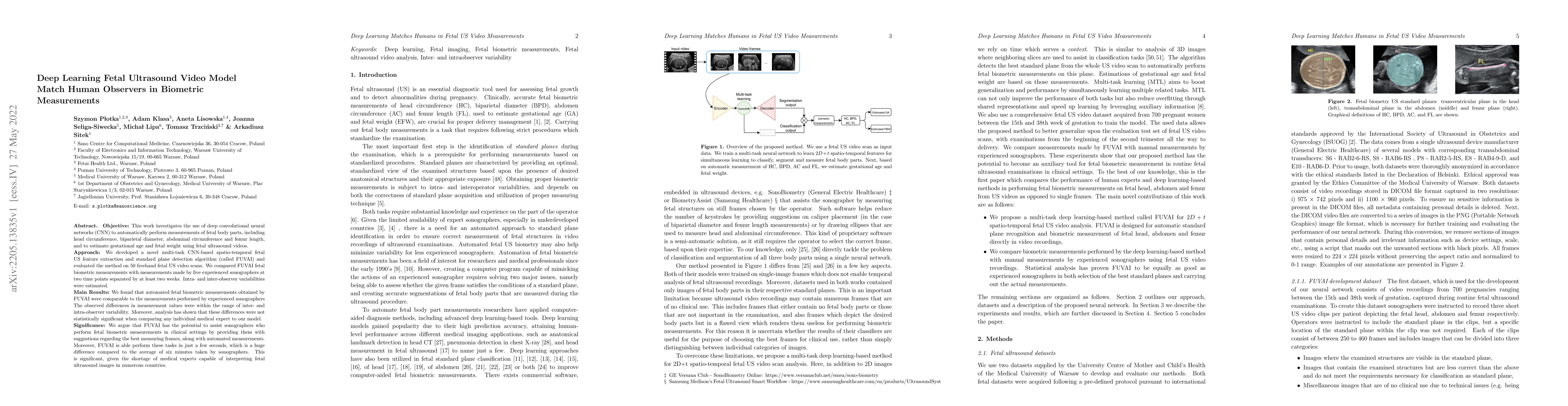Thumbnail for Deep Learning Fetal Ultrasound Video Model Match Human Observers in
  Biometric Measurements