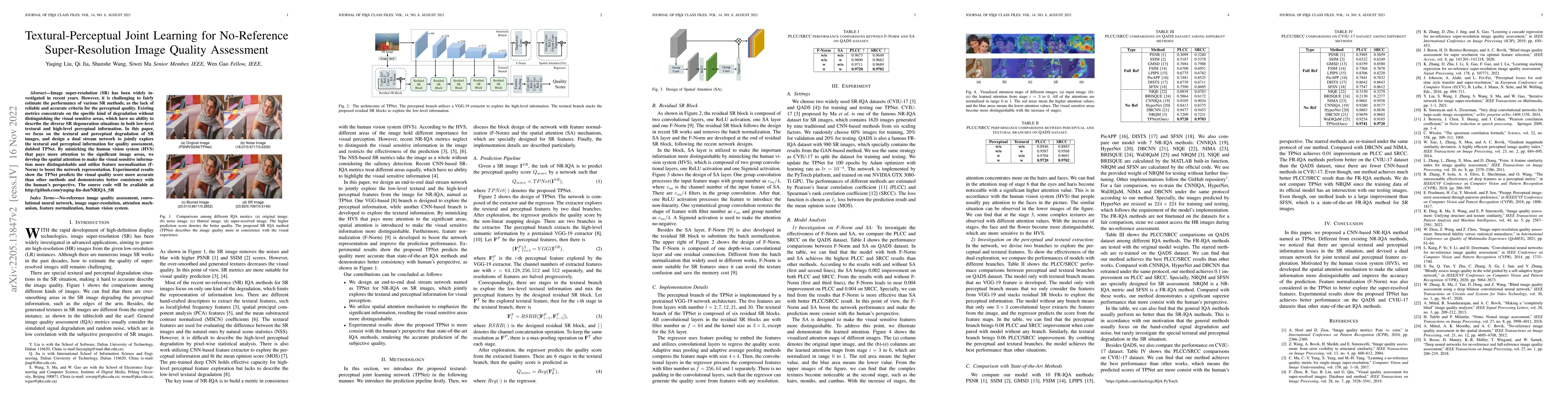 Thumbnail for Textural-Perceptual Joint Learning for No-Reference Super-Resolution
  Image Quality Assessment