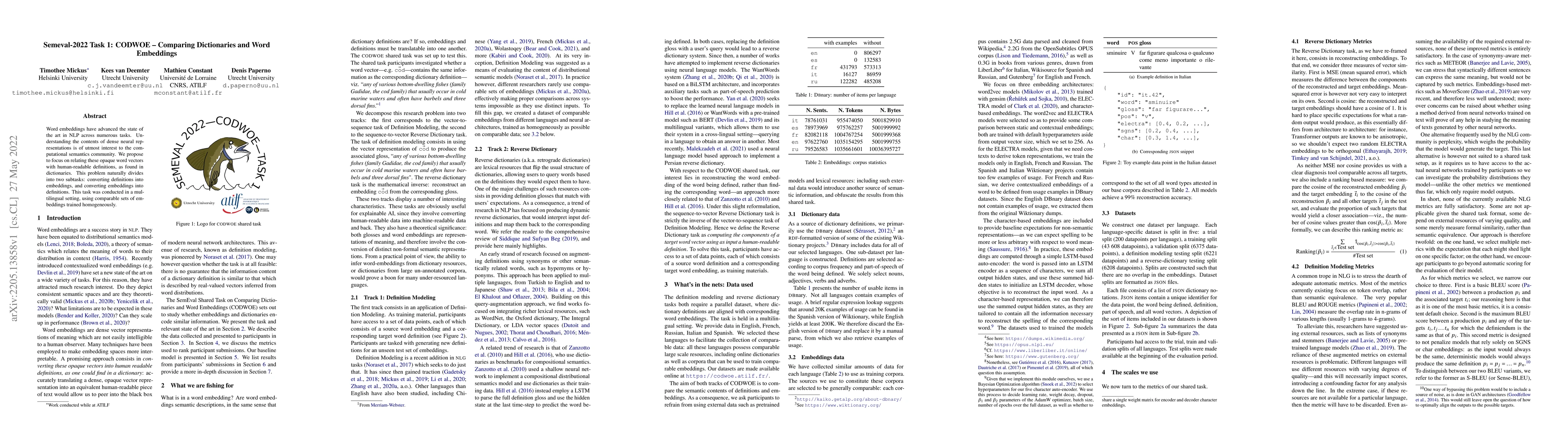 Thumbnail for Semeval-2022 Task 1: CODWOE -- Comparing Dictionaries and Word
  Embeddings