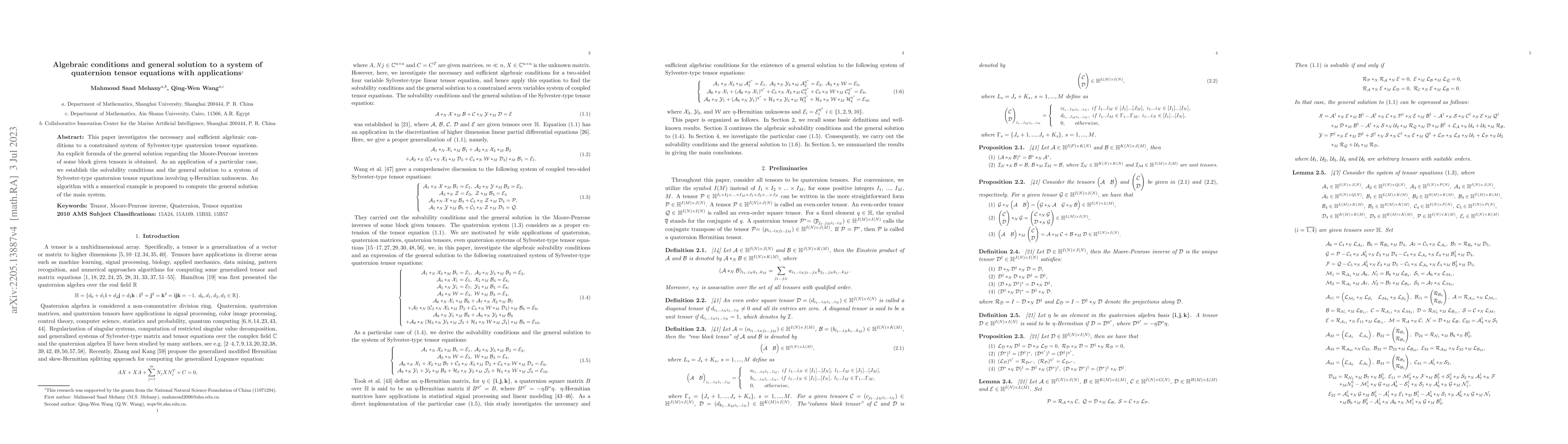 Thumbnail for Algebraic conditions and general solution to a system of quaternion
  tensor equations with applications