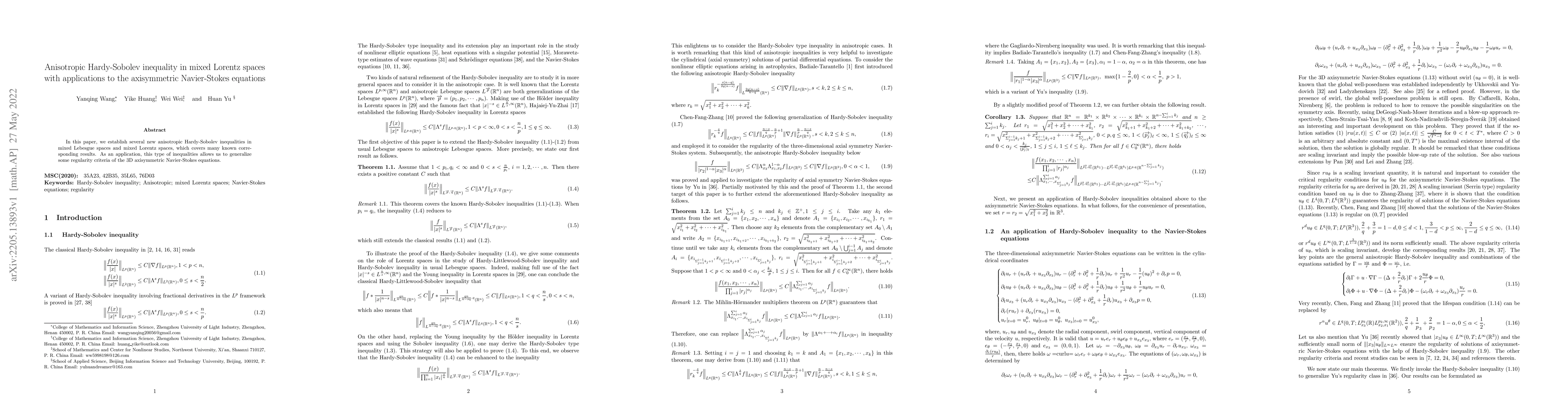 Thumbnail for Anisotropic Hardy-Sobolev inequality in mixed Lorentz spaces with
  applications to the axisymmetric Navier-Stokes equations