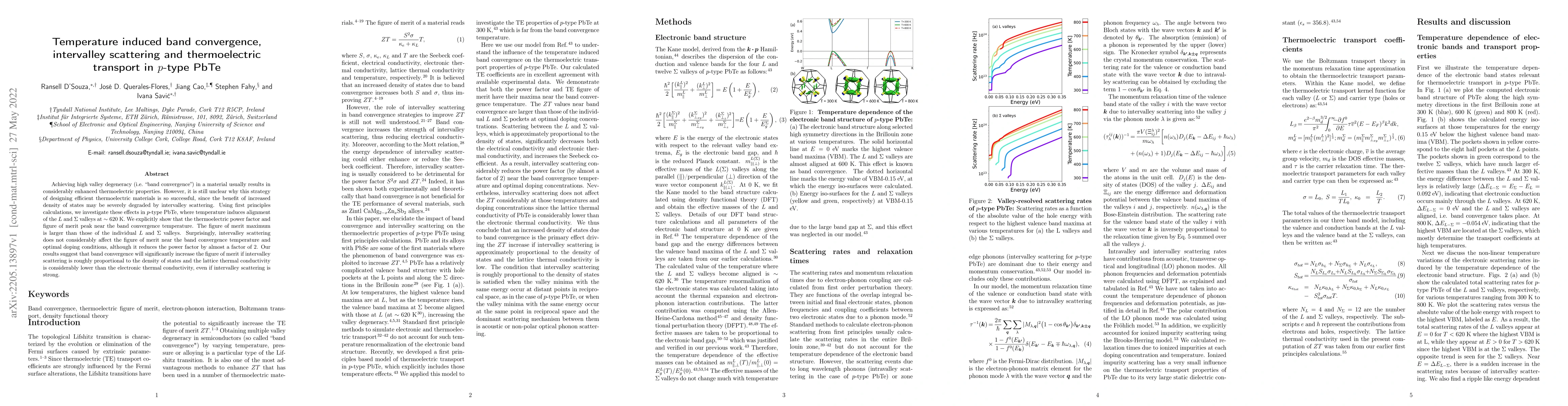 Thumbnail for Temperature induced band convergence, intervalley scattering and
  thermoelectric transport in p-type PbTe