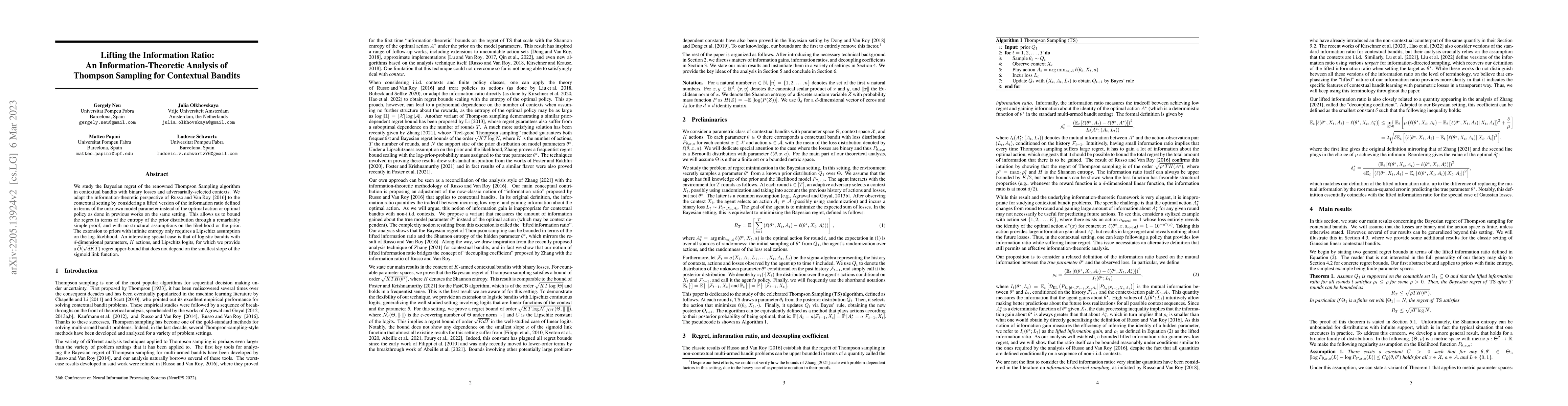 Thumbnail for Lifting the Information Ratio: An Information-Theoretic Analysis of
  Thompson Sampling for Contextual Bandits