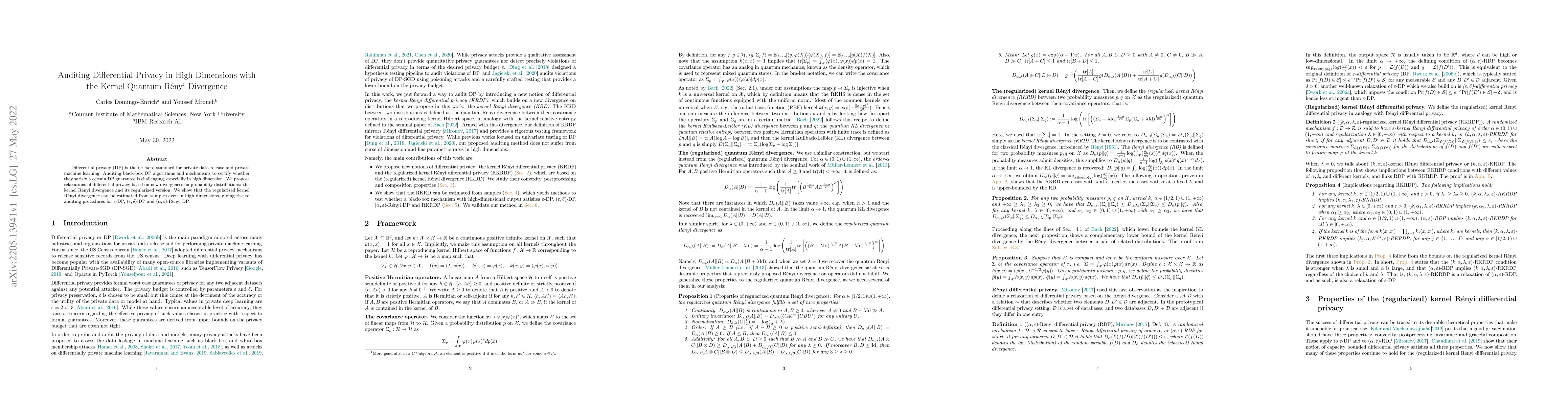 Thumbnail for Auditing Differential Privacy in High Dimensions with the Kernel Quantum
  R\'enyi Divergence
