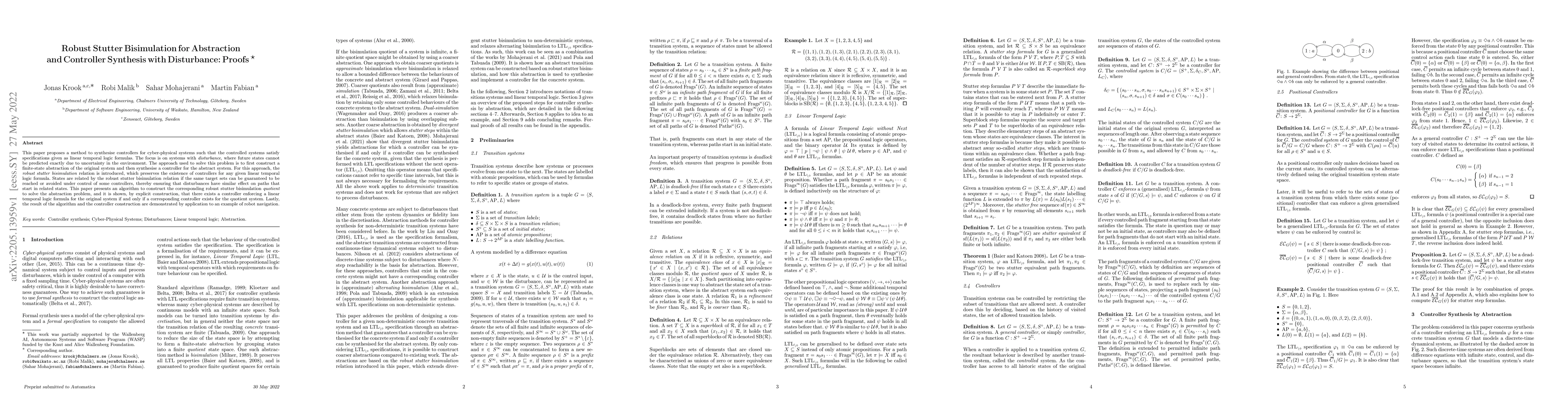 Thumbnail for Robust Stutter Bisimulation for Abstraction and Controller Synthesis
  with Disturbance: Proofs