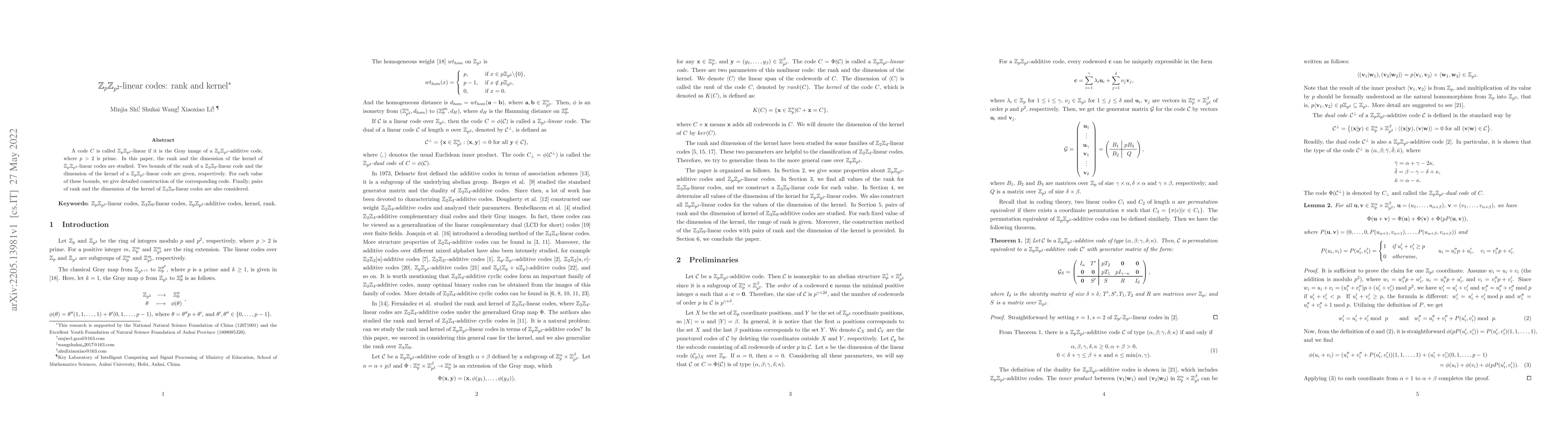 Thumbnail for $\mathbb{Z}_p\mathbb{Z}_{p^2}$-linear codes: rank and kernel
