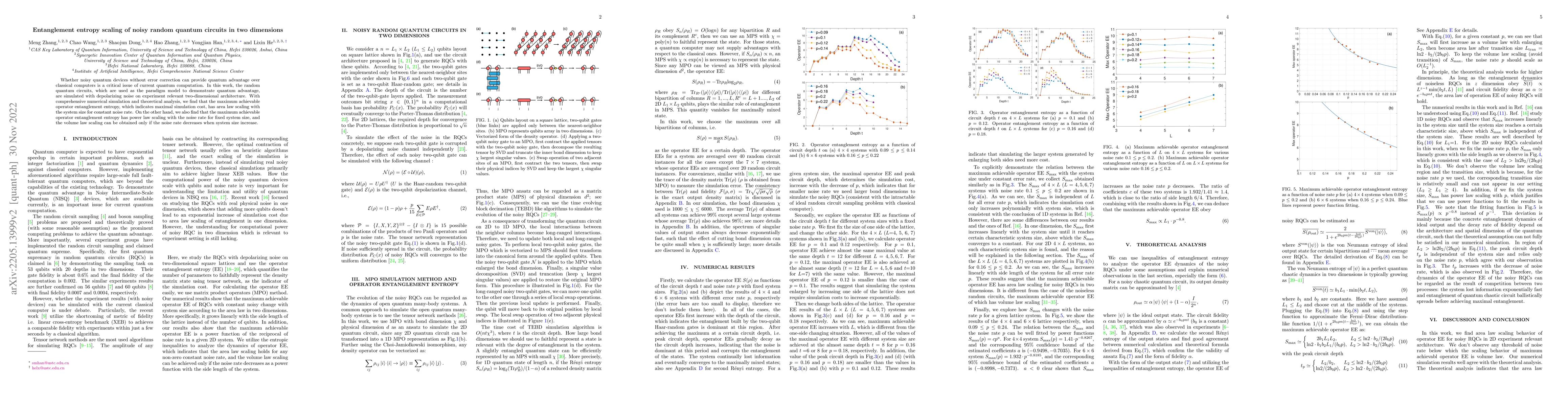 Thumbnail for Entanglement entropy scaling of noisy random quantum circuits in two
  dimensions