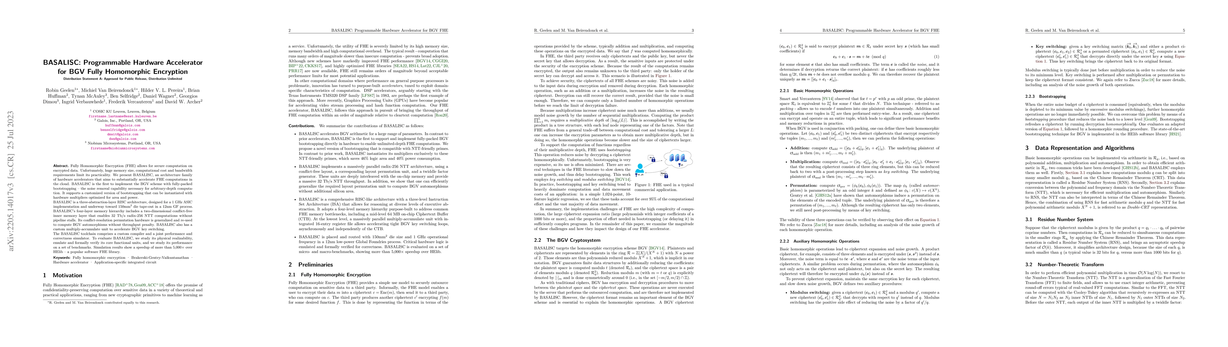 Thumbnail for BASALISC: Programmable Hardware Accelerator for BGV Fully Homomorphic
  Encryption