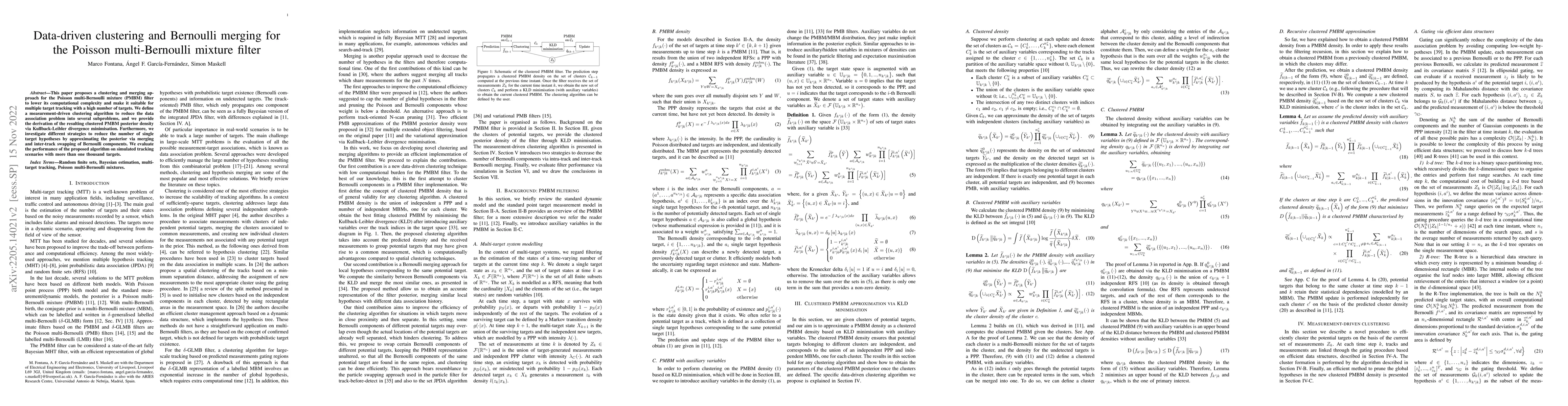 Thumbnail for Data-driven clustering and Bernoulli merging for the Poisson
  multi-Bernoulli mixture filter