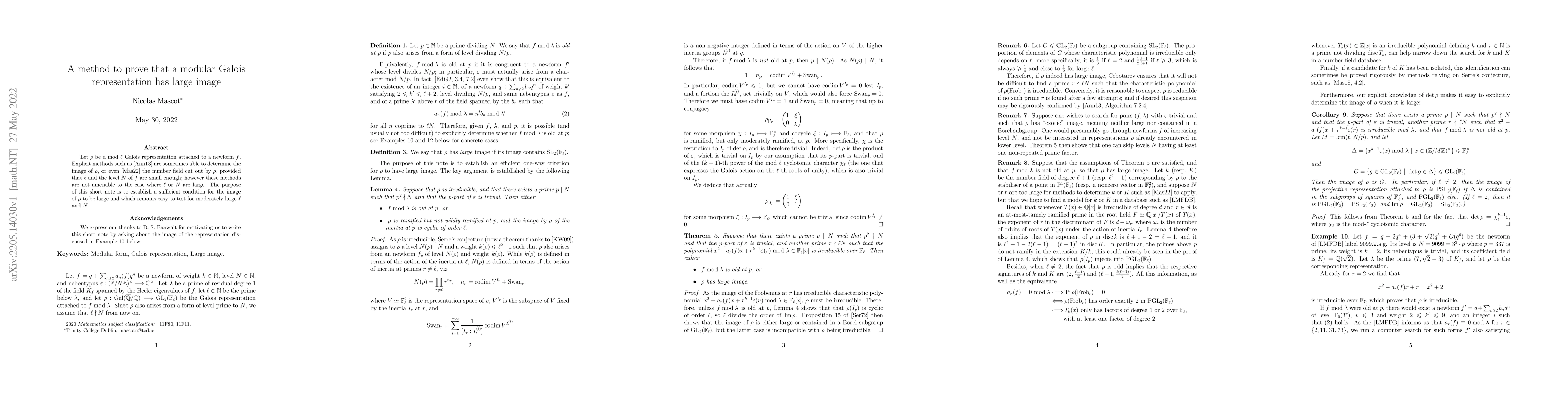 Thumbnail for A method to prove that a modular Galois representation has large image