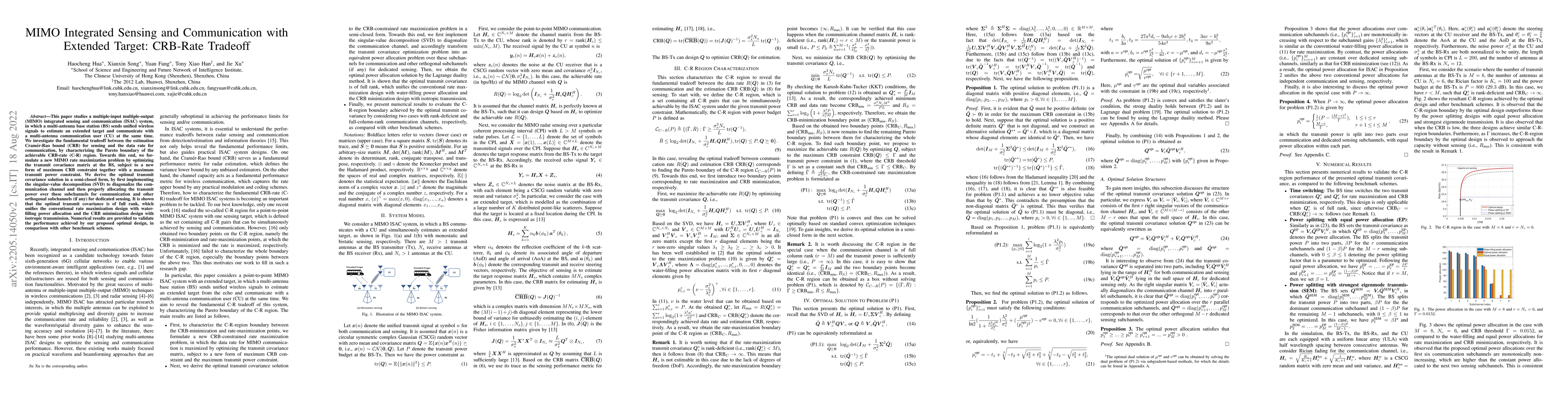 Thumbnail for MIMO Integrated Sensing and Communication with Extended Target: CRB-Rate
  Tradeoff