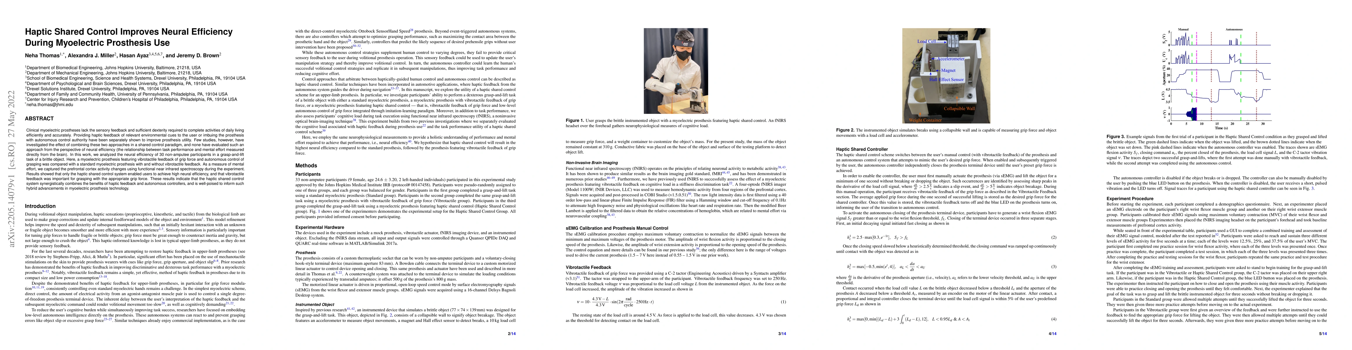 Thumbnail for Haptic Shared Control Improves Neural Efficiency During Myoelectric
  Prosthesis Use