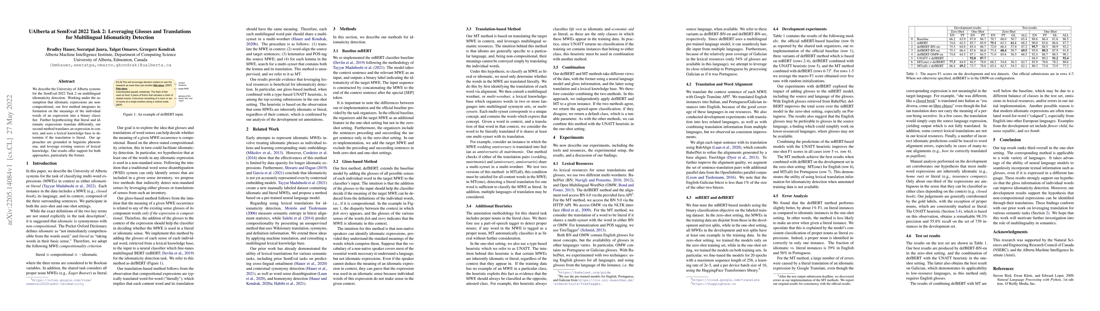 Thumbnail for UAlberta at SemEval 2022 Task 2: Leveraging Glosses and Translations for
  Multilingual Idiomaticity Detection