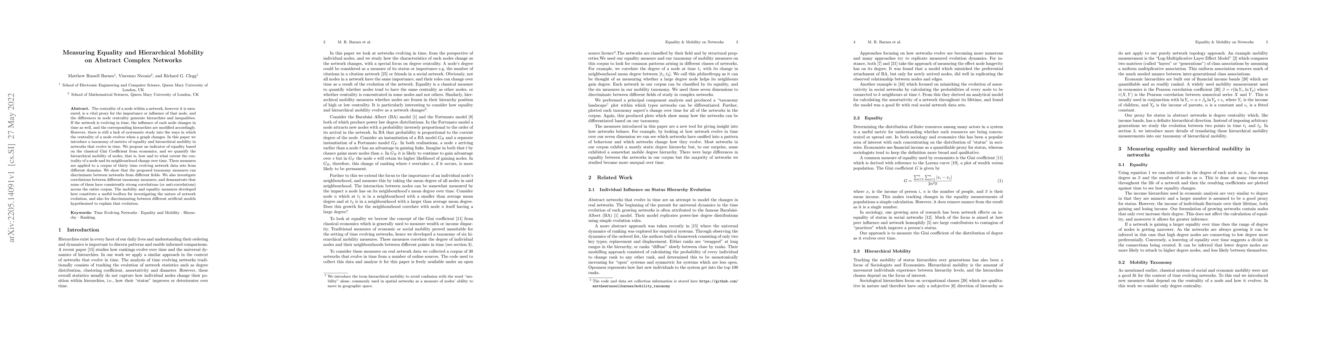 Thumbnail for Measuring Equality and Hierarchical Mobility on Abstract Complex
  Networks