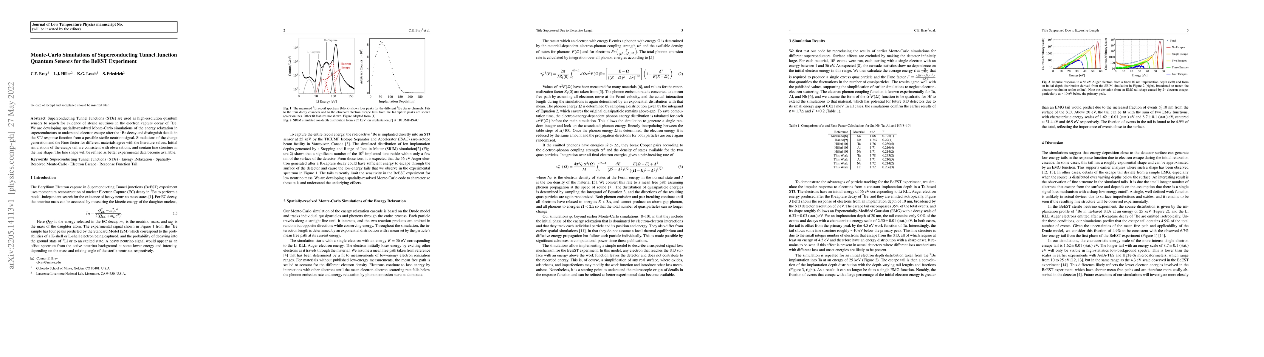 Thumbnail for Monte-Carlo Simulations of Superconducting Tunnel Junction Quantum
  Sensors for the BeEST Experiment