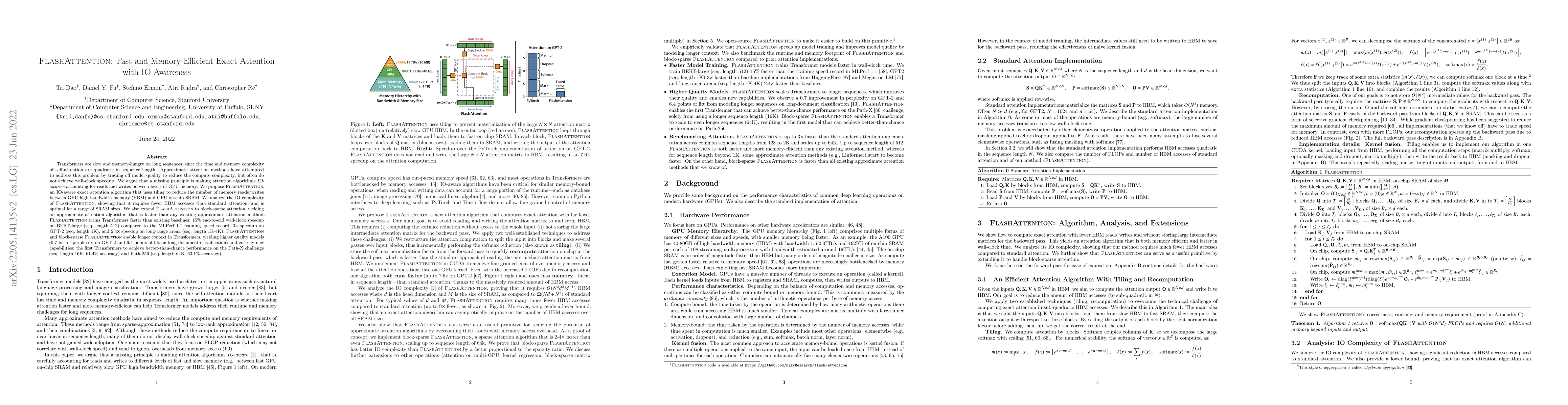 Thumbnail for FlashAttention: Fast and Memory-Efficient Exact Attention with
  IO-Awareness