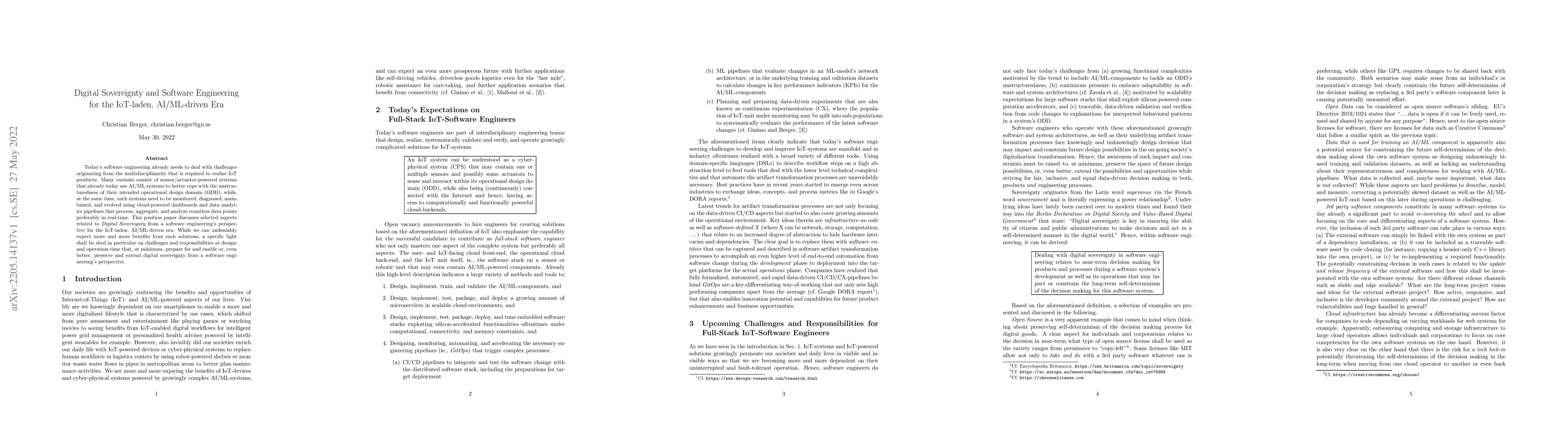 Thumbnail for Digital Sovereignty and Software Engineering for the IoT-laden,
  AI/ML-driven Era