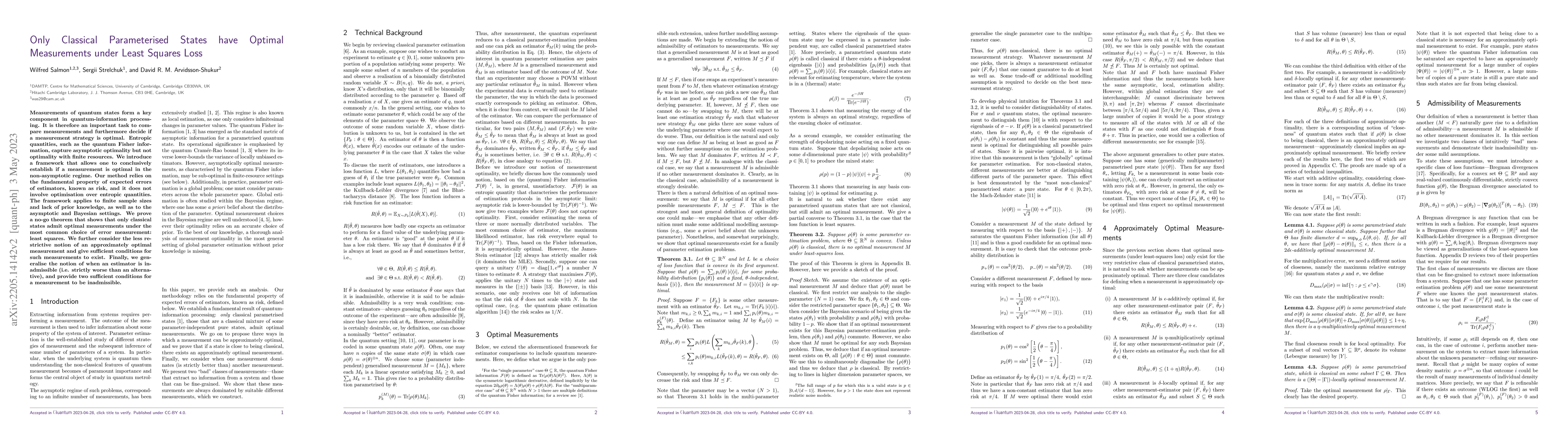 Thumbnail for Only Classical Parameterised States have Optimal Measurements under
  Least Squares Loss