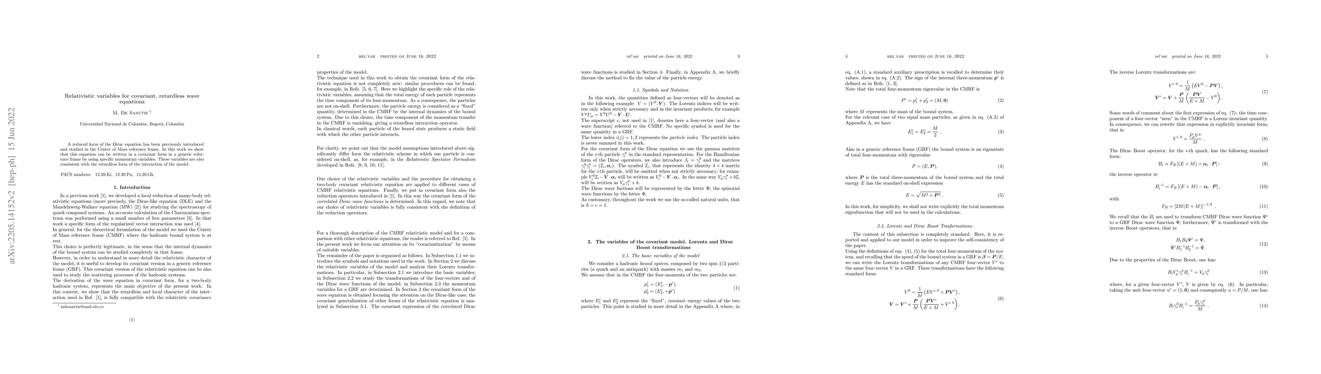 Thumbnail for Relativistic variables for covariant, retardless wave equations
