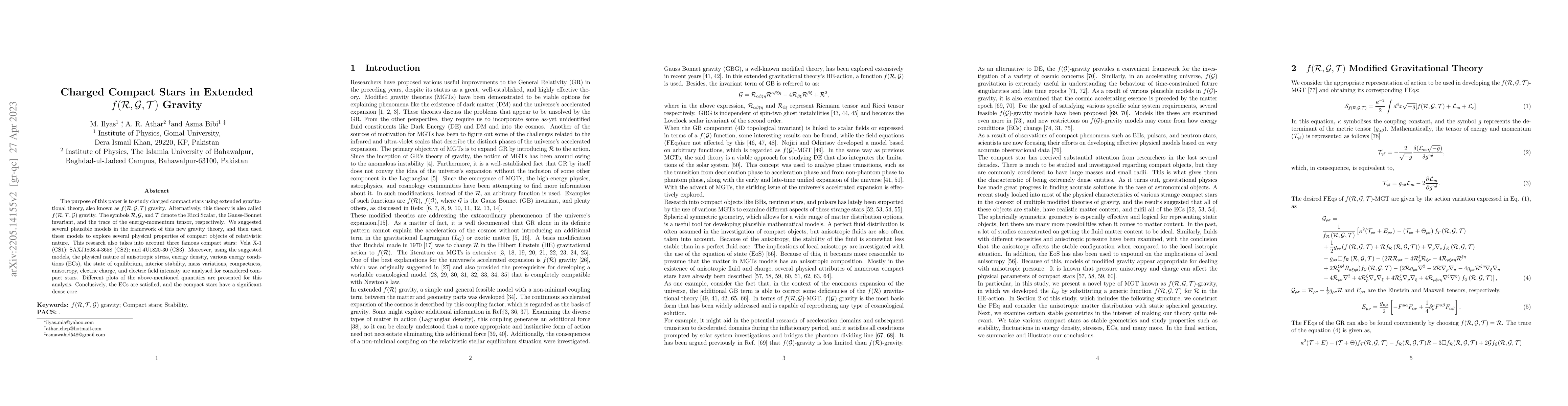 Thumbnail for Charged Compact Stars in Extended
  $f(\mathcal{R},\mathcal{G},\mathcal{T})$ Gravity