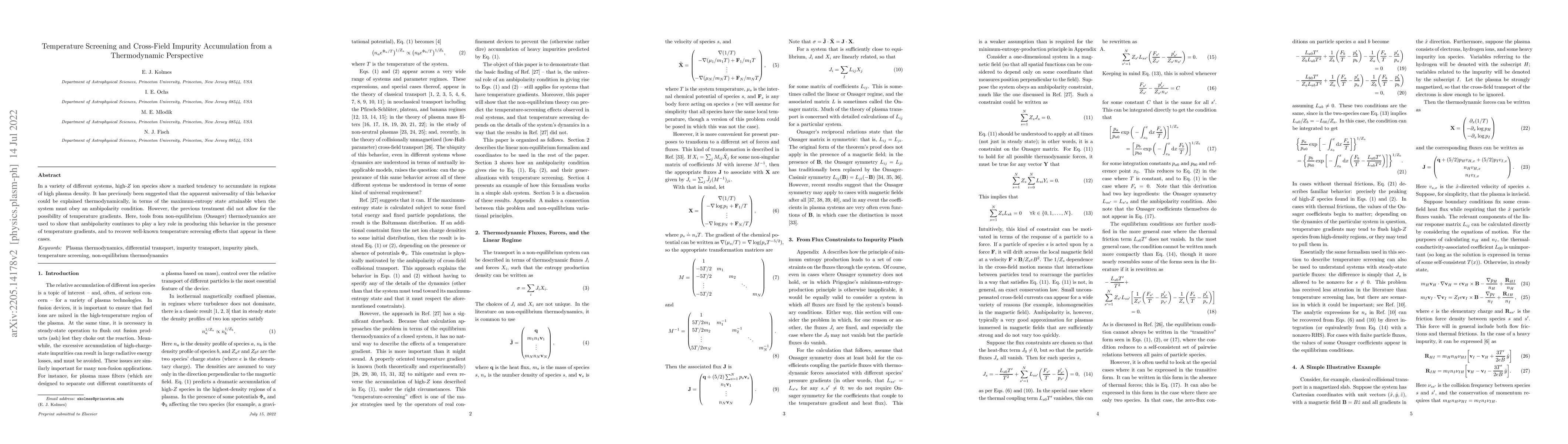Thumbnail for Temperature Screening and Cross-Field Impurity Accumulation from a
  Thermodynamic Perspective