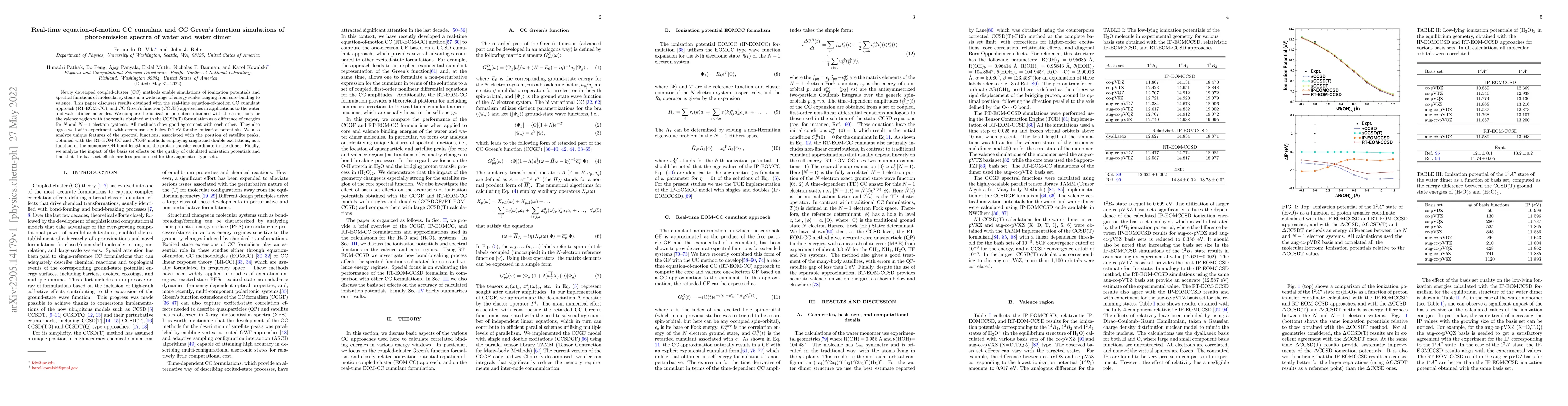 Thumbnail for Real-time equation-of-motion CC cumulant and CC Green's function
  simulations of photoemission spectra of water and water dimer