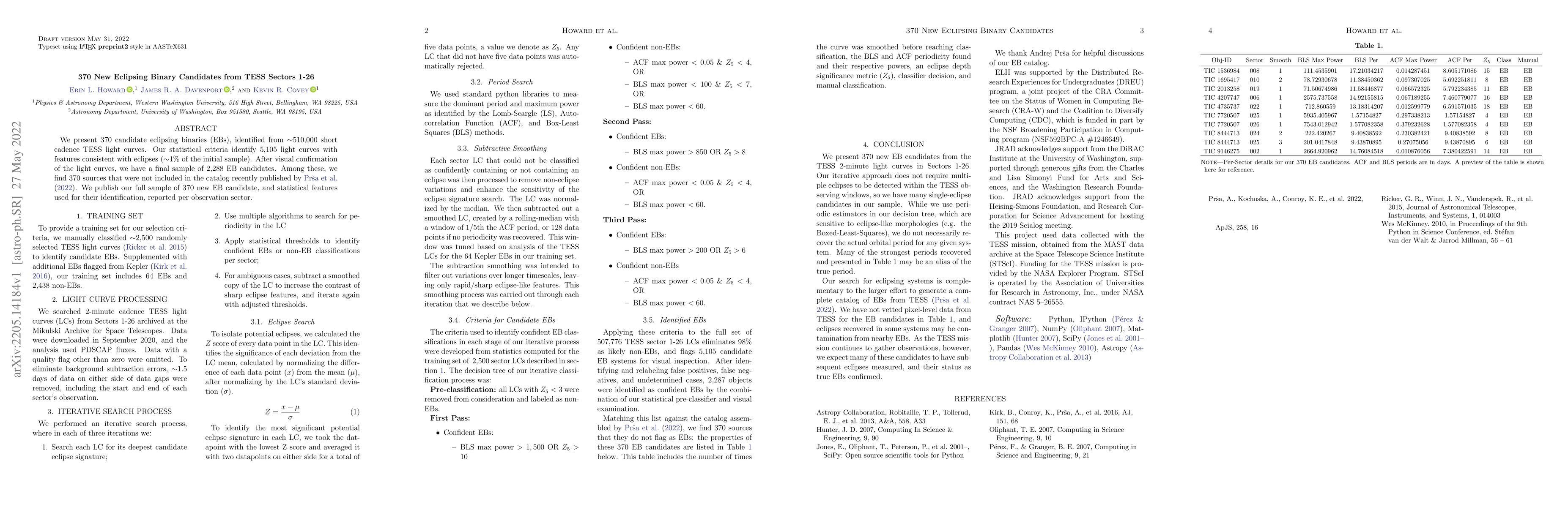 Thumbnail for 370 New Eclipsing Binary Candidates from TESS Sectors 1-26