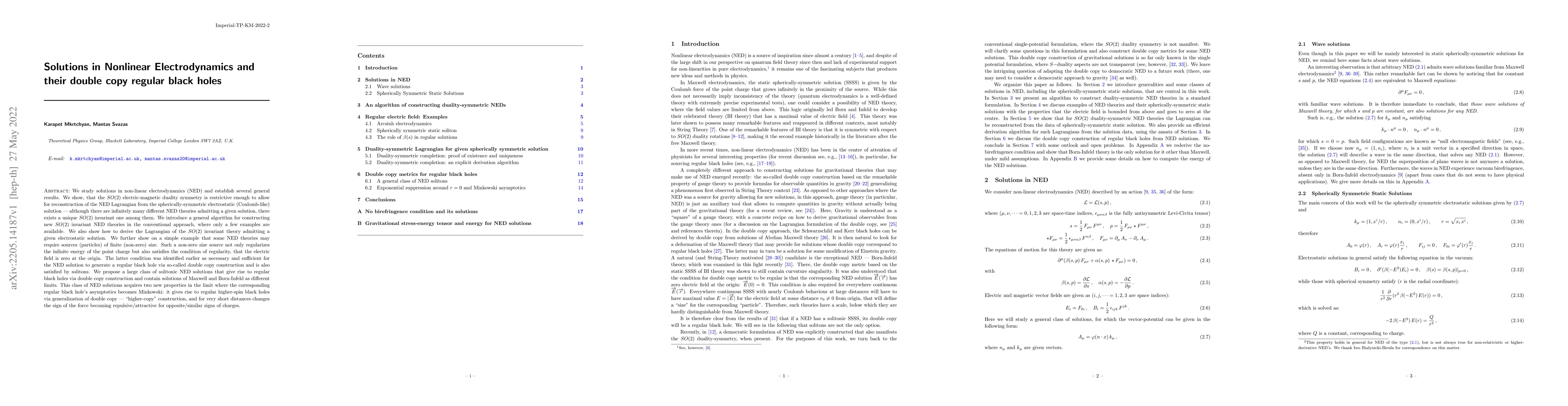 Thumbnail for Solutions in Nonlinear Electrodynamics and their double copy regular
  black holes