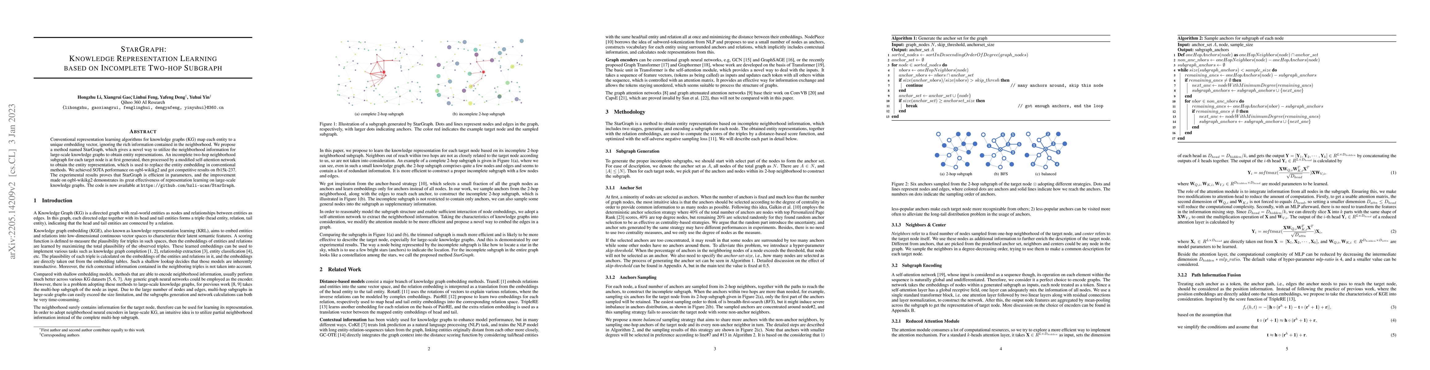 Thumbnail for StarGraph: Knowledge Representation Learning based on Incomplete Two-hop
  Subgraph