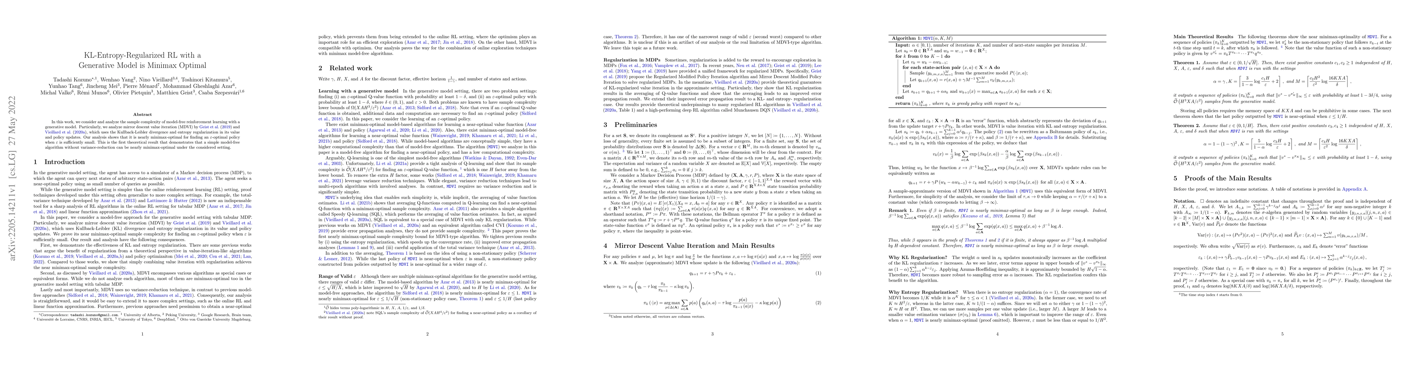 Thumbnail for KL-Entropy-Regularized RL with a Generative Model is Minimax Optimal