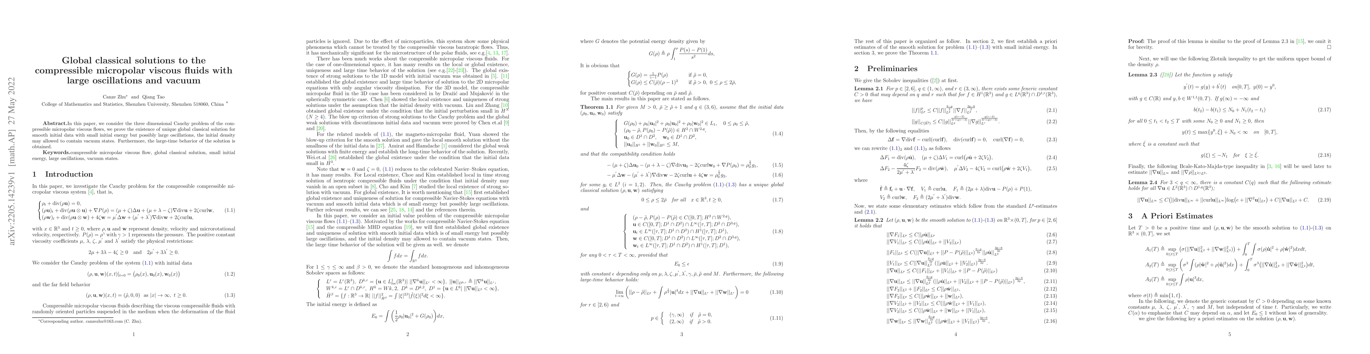 Thumbnail for Global classical solutions to the compressible micropolar viscous fluids
  with large oscillations and vacuum