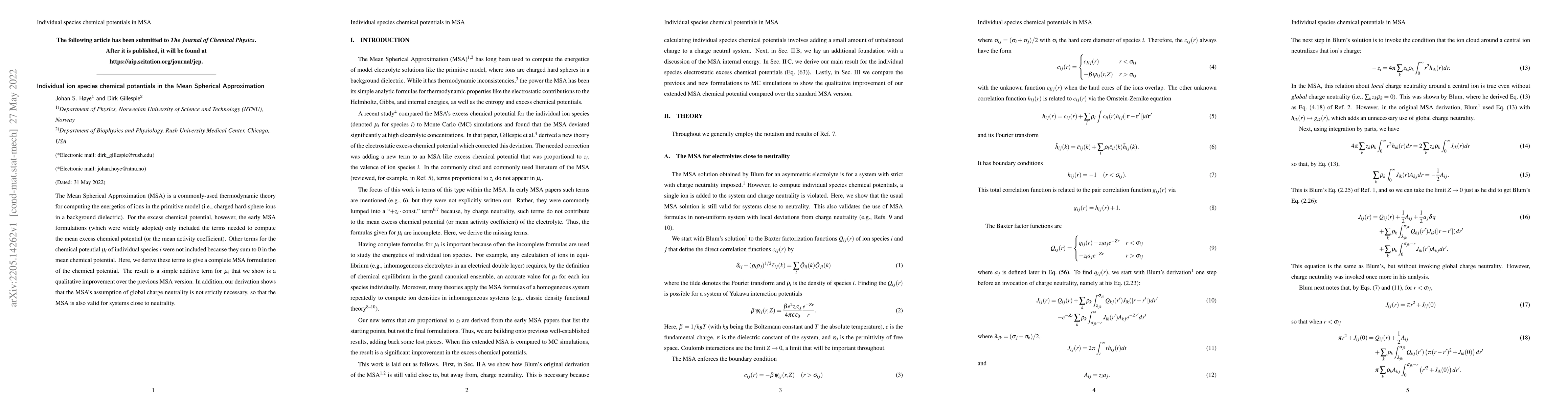 Thumbnail for Individual ion species chemical potentials in the Mean Spherical
  Approximation