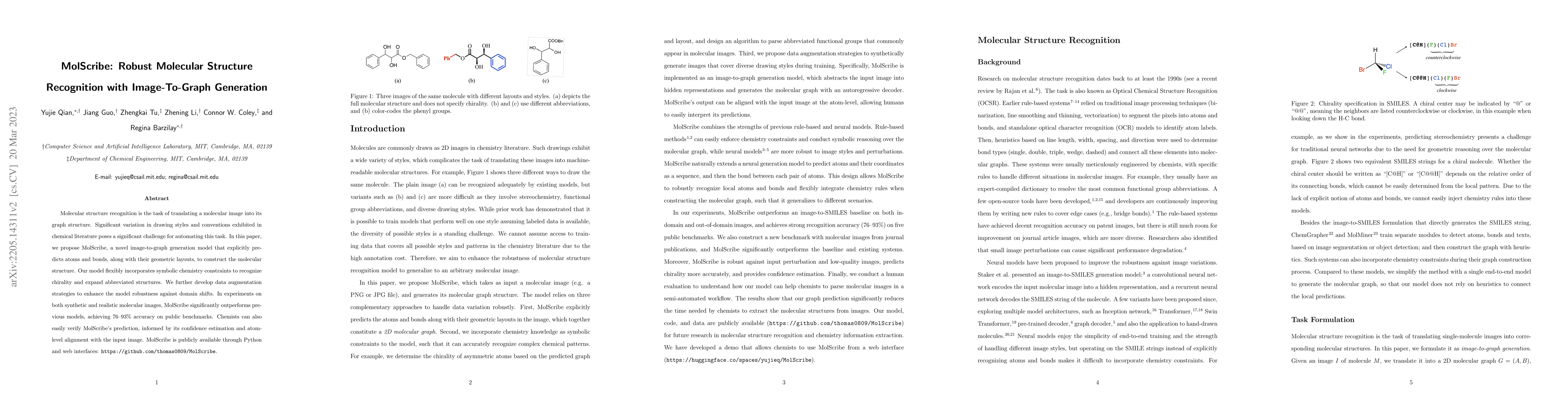 Thumbnail for MolScribe: Robust Molecular Structure Recognition with Image-To-Graph
  Generation