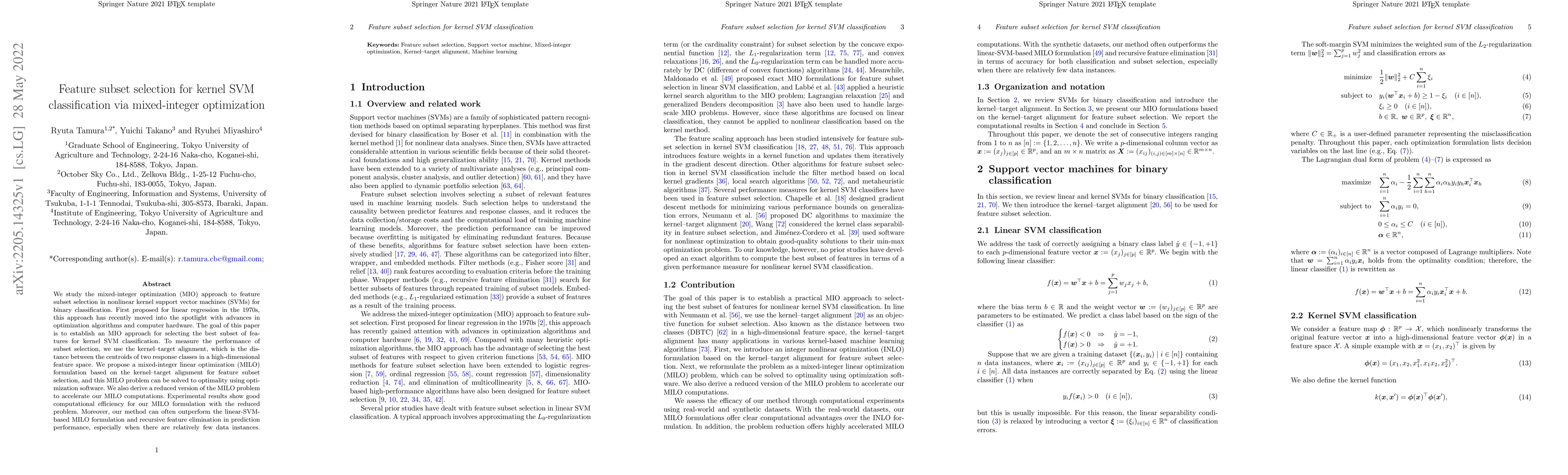 Thumbnail for Feature subset selection for kernel SVM classification via mixed-integer
  optimization