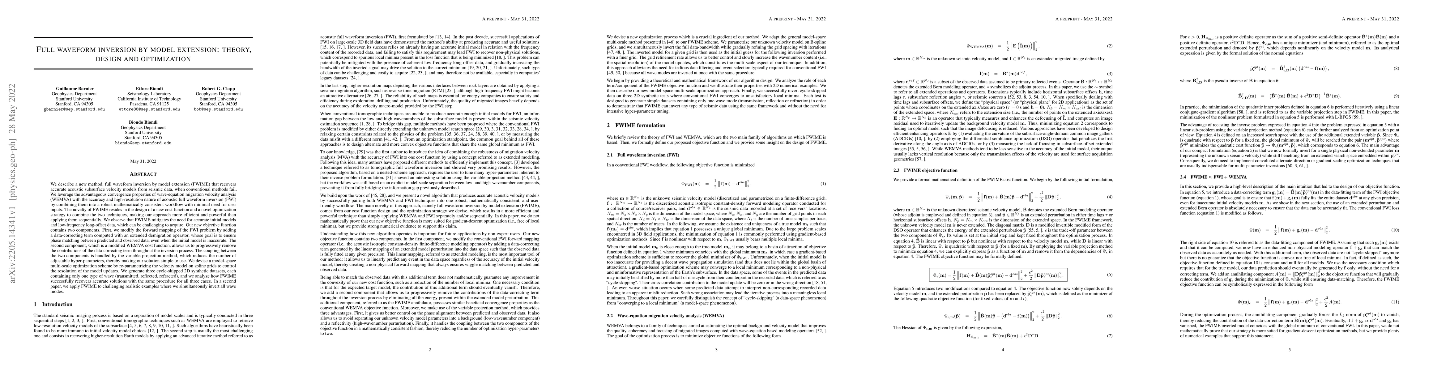 Thumbnail for Full waveform inversion by model extension: theory, design and
  optimization