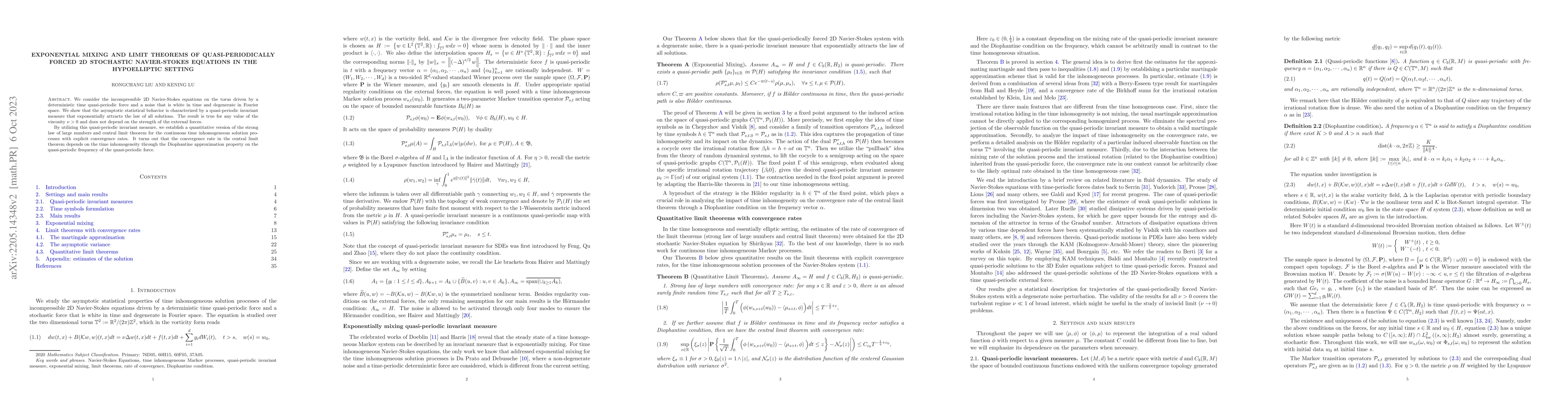 Thumbnail for Exponential mixing and limit theorems of quasi-periodically forced 2D
  stochastic Navier-Stokes Equations in the hypoelliptic setting