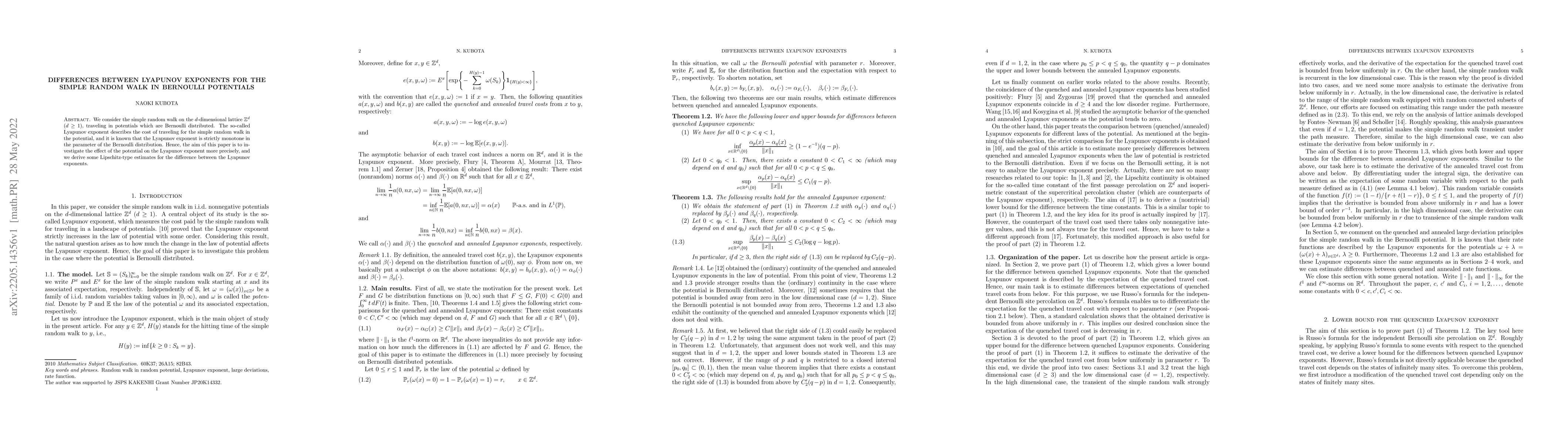 Thumbnail for Differences between Lyapunov exponents for the simple random walk in
  Bernoulli potentials