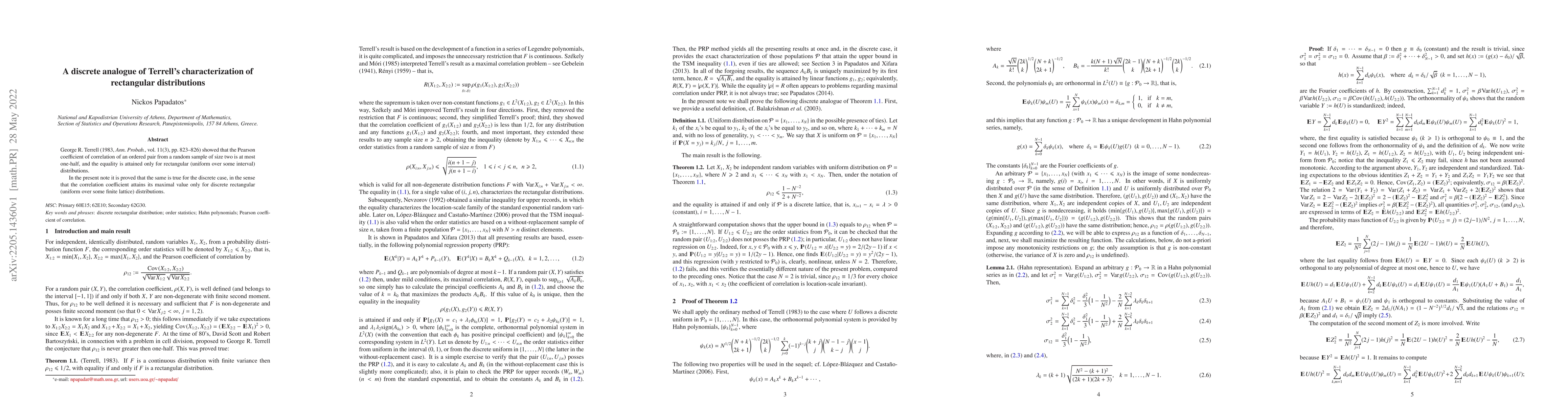 Thumbnail for A discrete analogue of Terrell's characterization of rectangular
  distributions